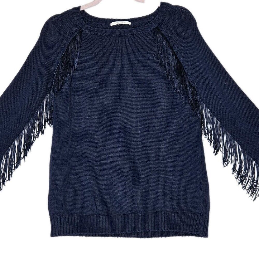 Piperlime Women's Fringed Blue Knit Sweater, Size Small